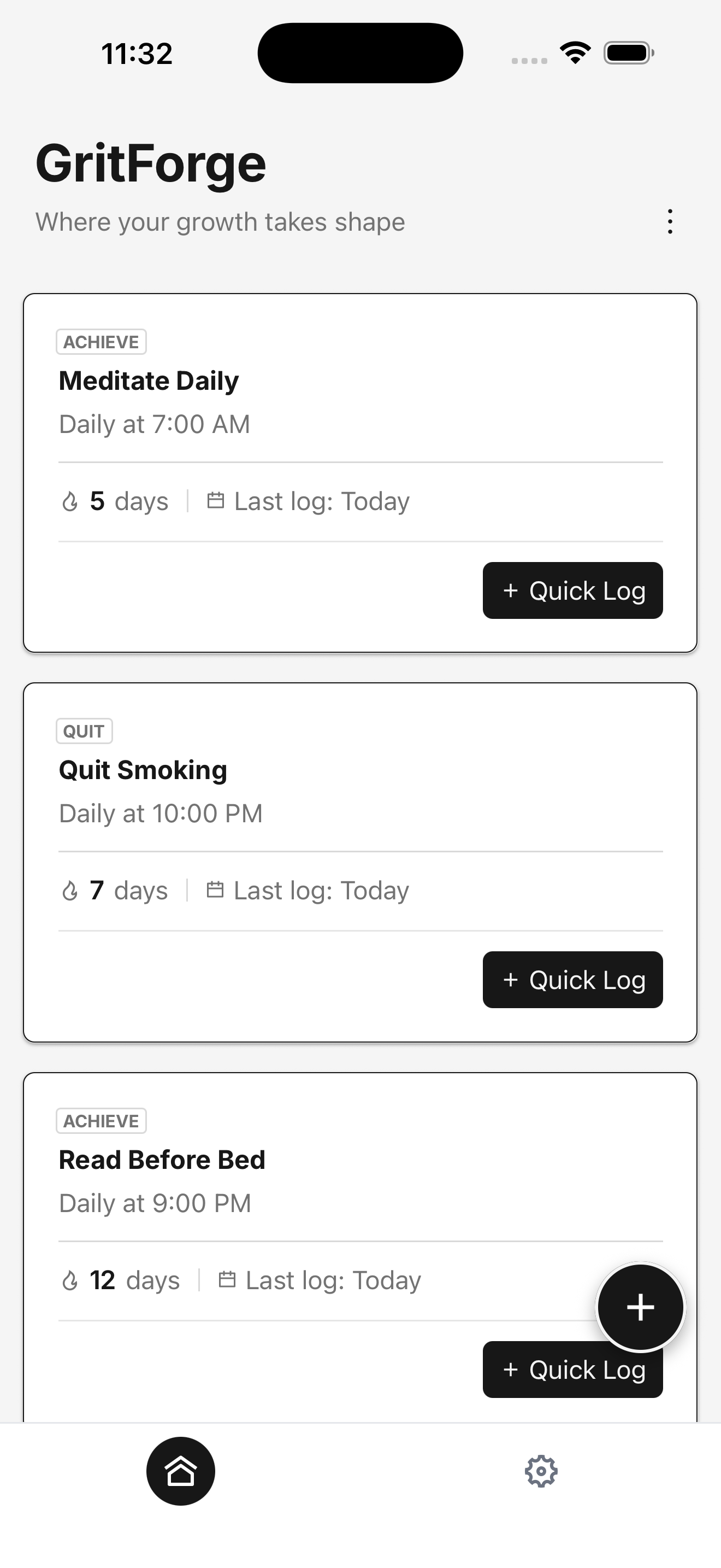 GritForge app home screen