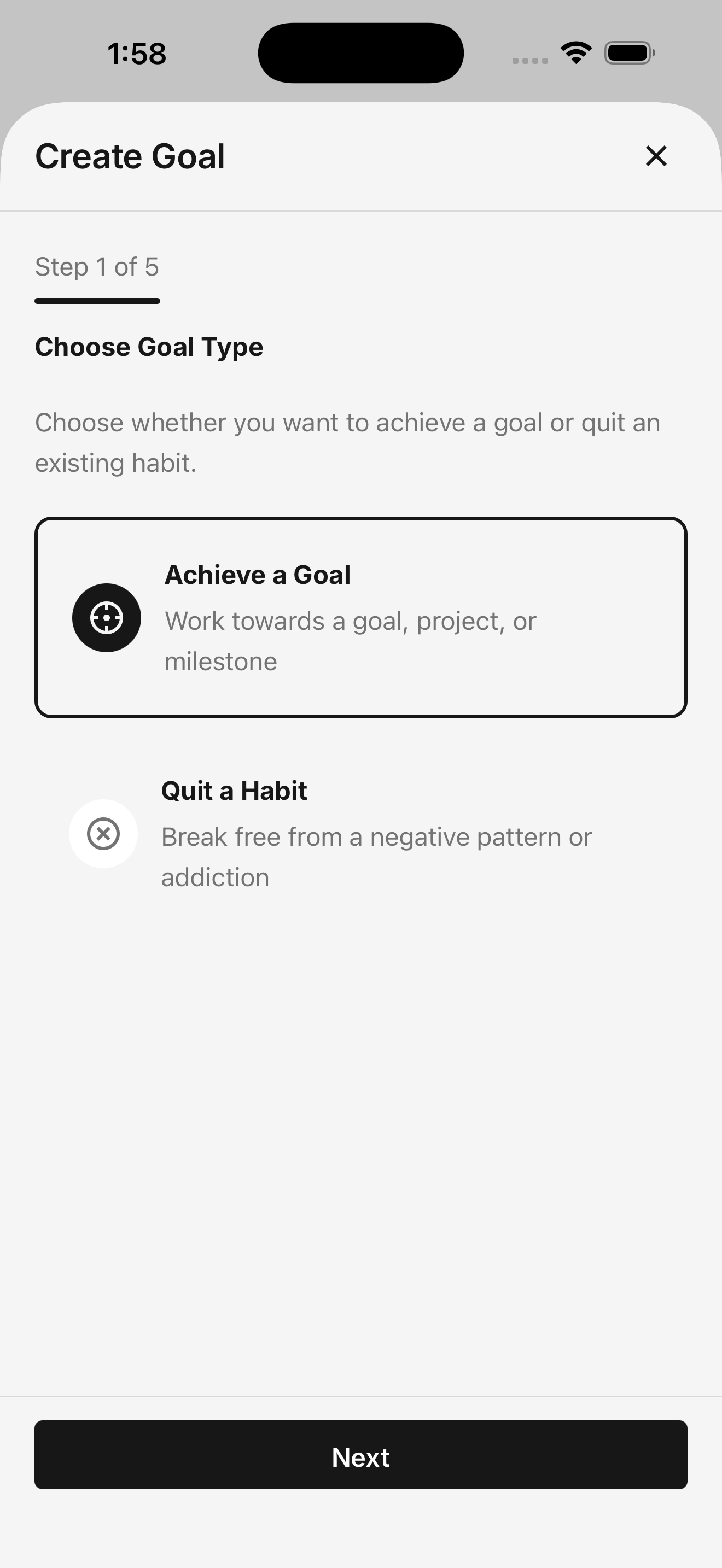 Wizard Step 1: Choose goal type