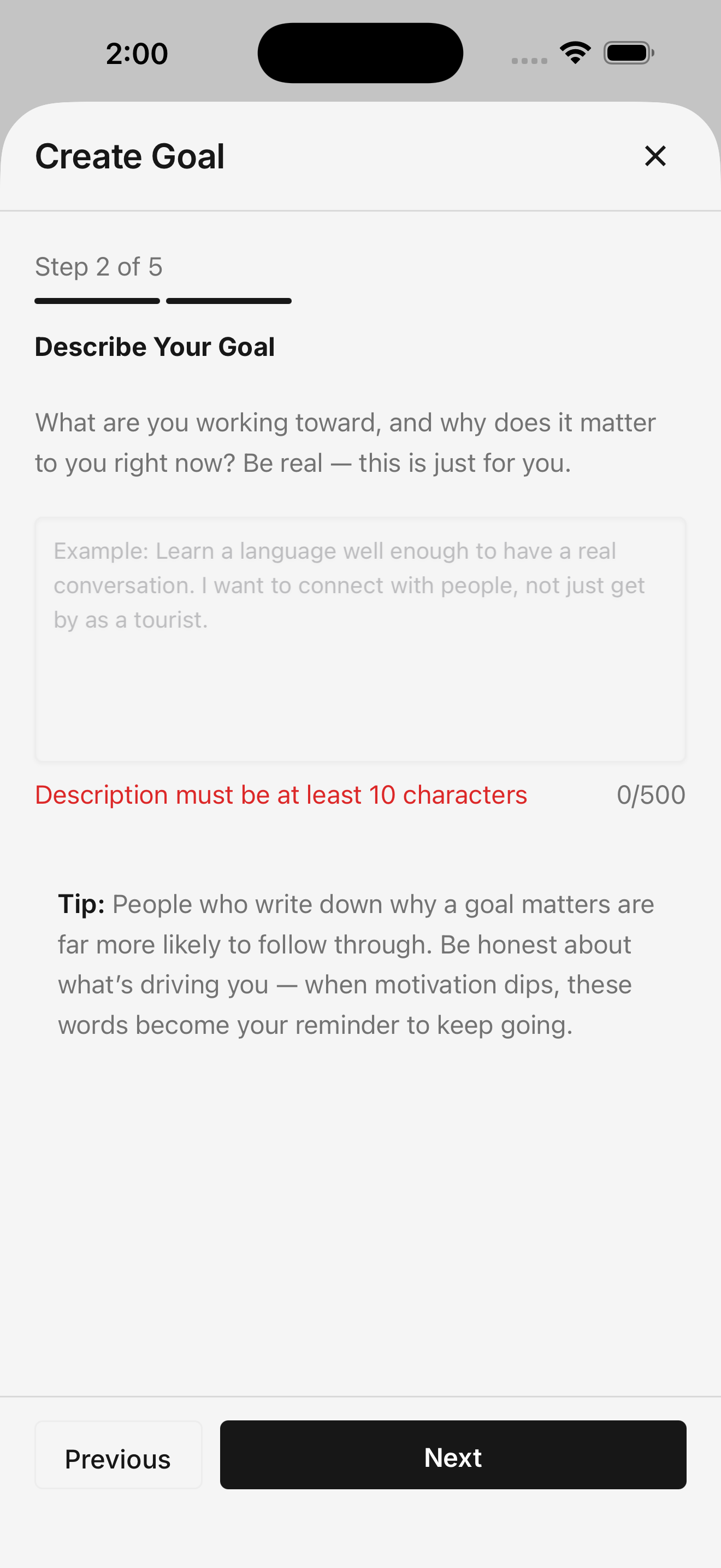 Wizard Step 2: Describe your goal