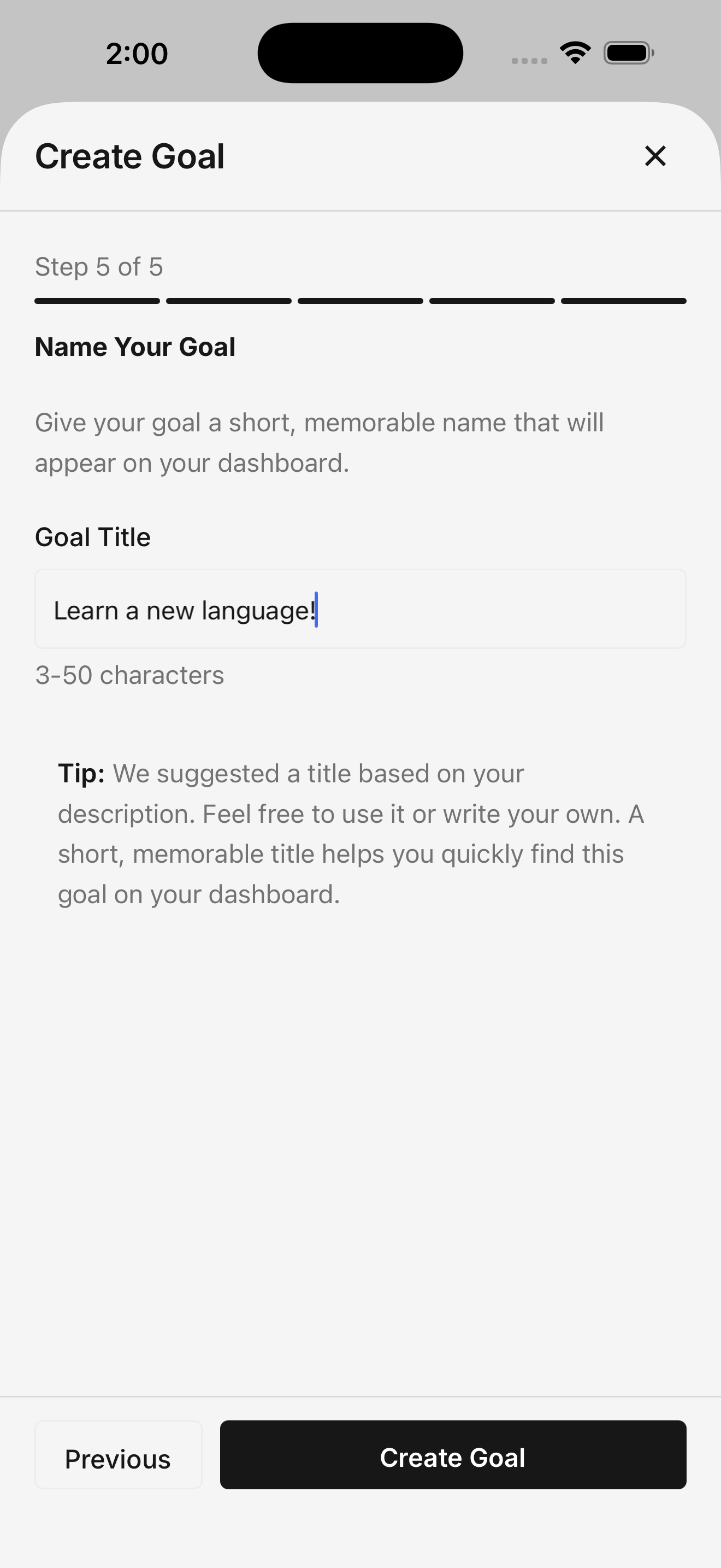Wizard Step 4: Personalize your goal